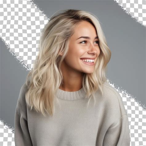 Premium PSD A Smiling Blonde Woman Wearing A Sweater With The Word On It