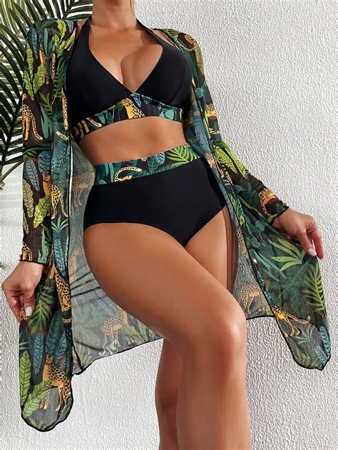 Swim Lushoire Summer Beach Tropical Print Halter Triangle Bikini Set With Kimono Shein Usa