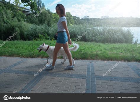 Pretty young woman walking outdoors with her adorable dog Stock Photo by ©diignat 205387584