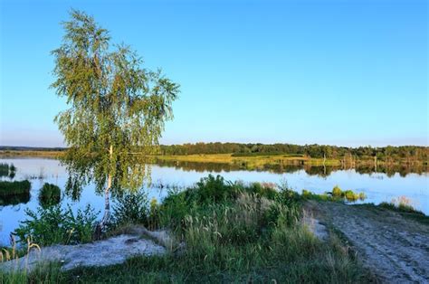 Paisagem do lago de verão à noite reflexos na superfície da água e