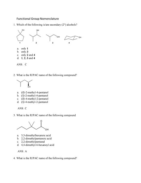 Worksheet Functional Groups Answer Key Functional Group Nomenclature