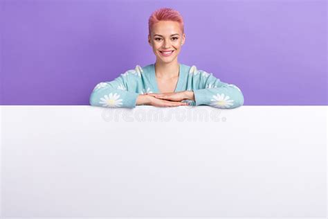 Portrait Of Pretty Lovely Nice Girl With Pink Hairdo Wear Blue Pullover