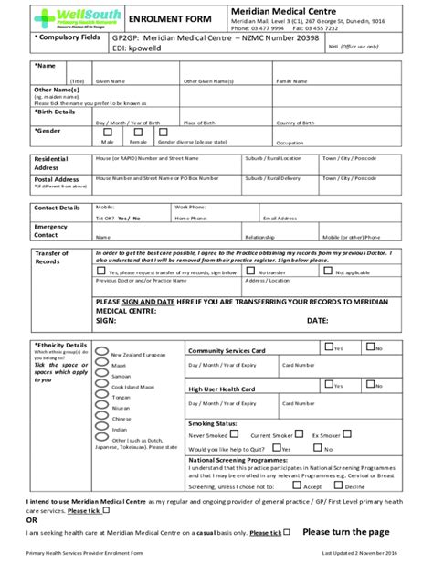 Fillable Online Meridian Medical Centre ENROLMENT FORM Fax Email Print