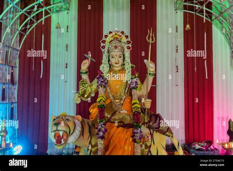 A Beautiful Idol Of Maa Durga Being Worshipped At A Pandal During