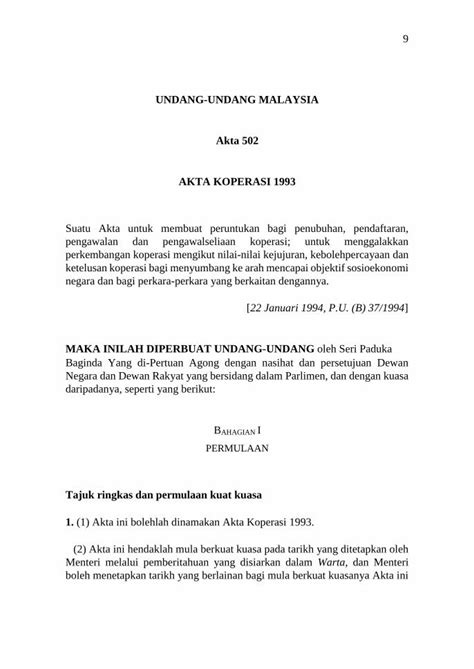 PDF UNDANG UNDANG MALAYSIA Akta 502 AKTA KOPERASI 1993kpfpberhad