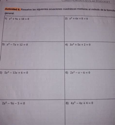 actividad 6 resuelve las siguientes ecuaciones cuadráticas mediante el