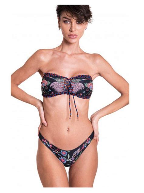 Bikini Donna Pin Up Stars Fondo Nero Con Stampa Camaleonte Floreale