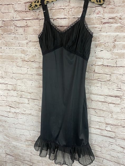 Vintage Lingerie Full Slip Dress Midi Black Nylon Lac Gem