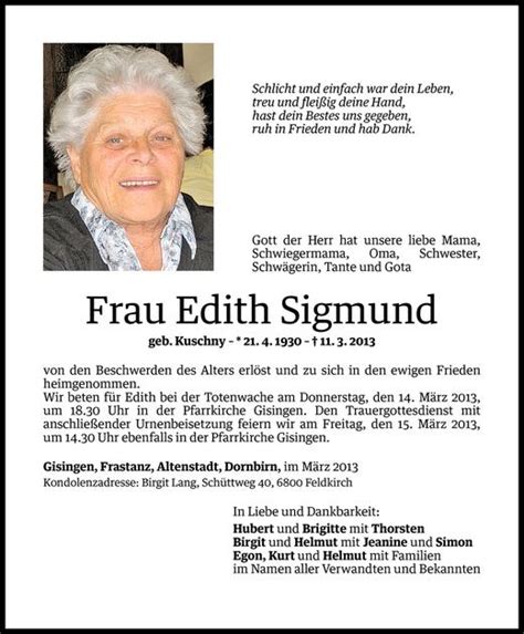 Todesanzeigen Von Edith Sigmund Todesanzeigen Vorarlberger Nachrichten