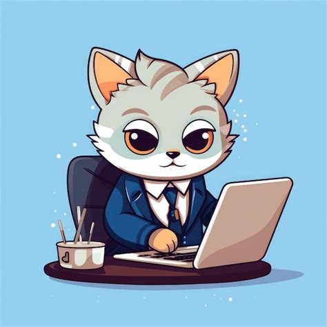 Gato De Dibujos Animados Con Traje Trabajando Frente A Una Computadora