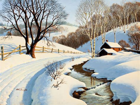 Winter scenery painting, stream, house, road, trees, snow wallpaper ...