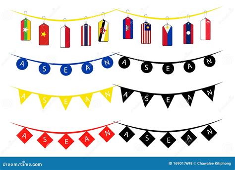 Asean Symbol Of Southeast Asia Country Flag Lable With Icon Set Stock