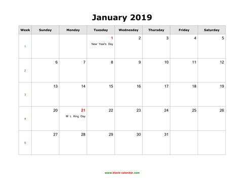 Download January 2019 Blank Calendar With Us Holidays Horizontal