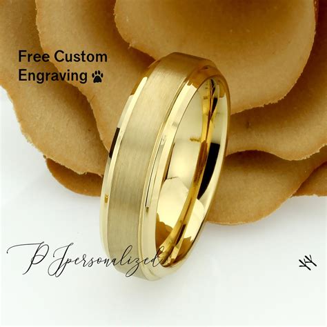 Gold Tungsten Wedding Band Men, Custom Engraving 6mm Domed Tungsten ...