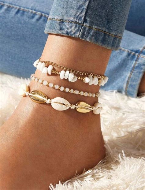 4 Piece Shell And Bead Anklet Summer Jewelry Sea Shell Anklet Etsy