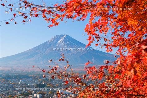 山梨県富士吉田市 紅葉の間から覗く富士山 新倉富士浅間神社、さくや姫階段からの写真素材 210185411 イメージマート