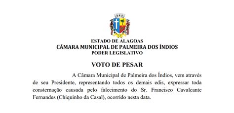 Voto De Pesar Câmara Municipal De Palmeira Dos Índios Alagoas