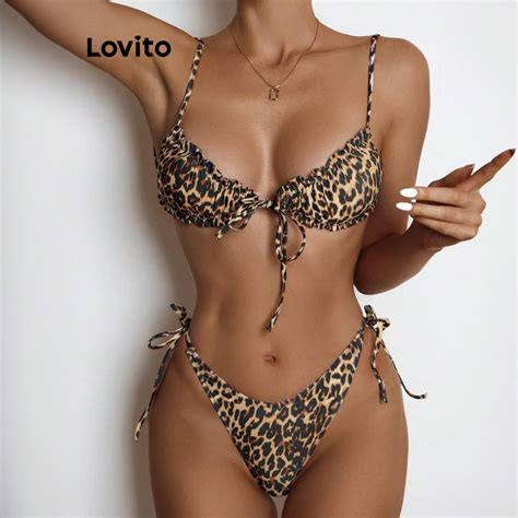 Lovito Women Sexy Bikini Sets Leopard Lace Up Bikini Sets LNL77385 Shopee Philippines
