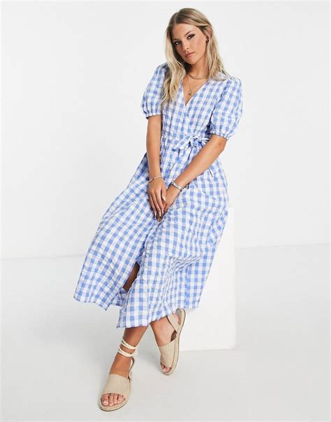 Monki Puff Sleeve Midi Wrap Dress In Blue Gingham ASOS Wickelkleid