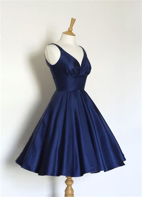 Navy Blue Vintage Silk Twill Swing Dress With Sweetheart Neckline