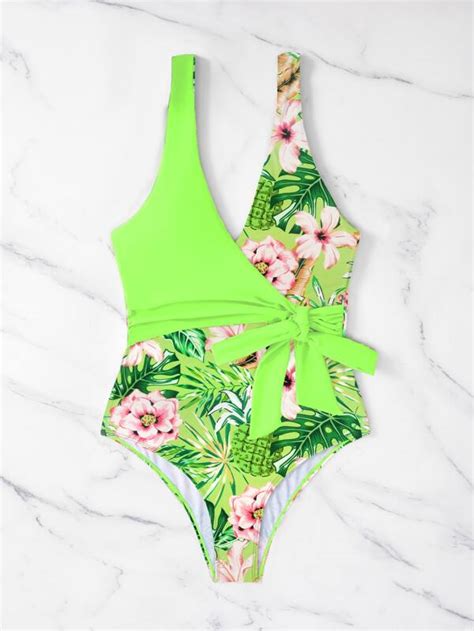 Tropical Print Knot Side One Piece Swimsuit SHEIN USA