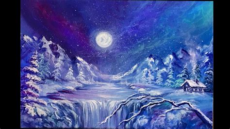 Winter Painting Acrylic Step By Step Snowy Landscape At Night Youtube