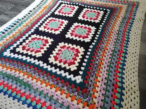 Vintage Wool Crochet Blanket Handmade Granny Squares Afghan Blanket