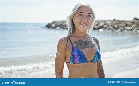 Middle Age Grey Haired Woman Tourist Smiling Confident Wearing Bikini