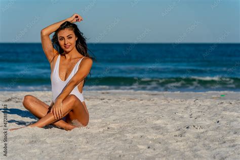 Lovely Mixed Race Bikini Model Posing Outdoors On A Caribbean Beach Stock Photo Adobe Stock