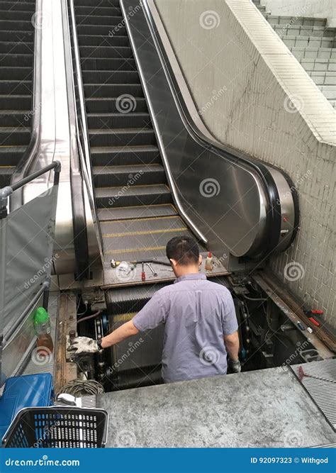 Maintenance Technician Does Escalator Service Editorial Stock Photo