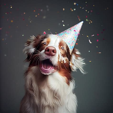 Lindo perro con un gorro de fiesta celebrando su cumpleaños confeti