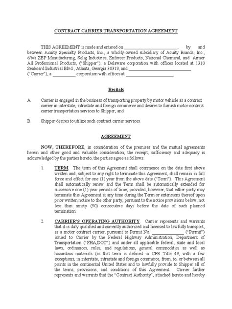 Transportation Service Agreement Contract Template Transport