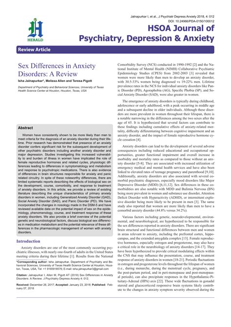 Pdf Sex Differences In Anxiety Disorders A Review