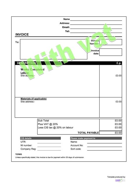 Excel Cis Invoice Template With Vat Download Etsy