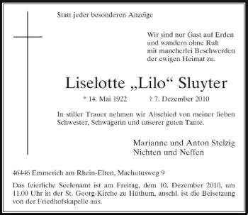 Alle Traueranzeigen für Liselotte Lilo Sluyter trauer rp online de