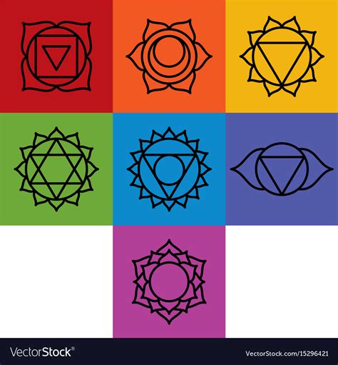 Set of seven chakra symbols with names Royalty Free Vector