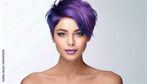 Studio Portrait Of A Female Model With Purple Short Hair And Nude Shoulders On White Background