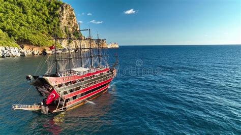 A Large Pirate Yacht Stands At Sea Aerial View 4 K Stock Footage