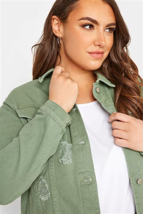 Plus Size Khaki Green Distressed Western Denim Jacket Yours Clothing