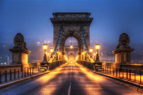 Hungary Budapest Bridges Lions Sculptures Fence Night Street