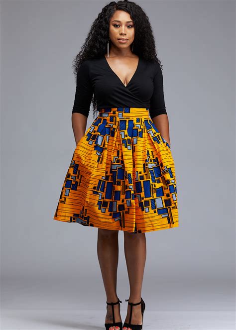 Amsa African Printed Midi Skirt (Yellow/Blue) - D'IYANU