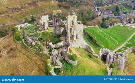 Amazing Corfe Castle in England from Above - Aerial View Stock Image ...