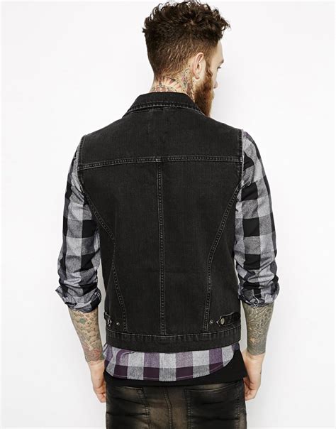 Asos Sleeveless Denim Biker Jacket In Black For Men Lyst