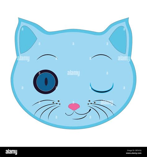 Flat drawing of a cat. An Emoji that winks with one eye. The face of a blue cat. Signs and ...