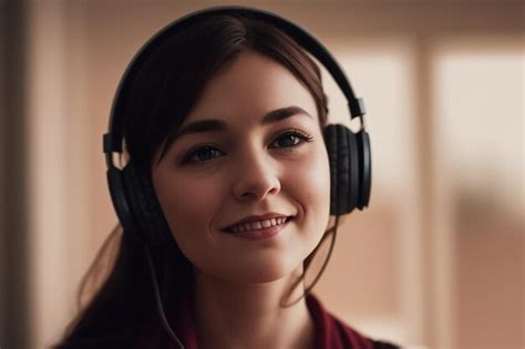 Premium Ai Image A Woman Wearing Headphones And A Red Sweater Stands In Front Of A Window