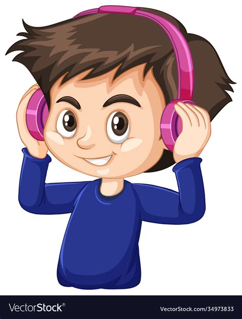 Boy Wearing Blue Shirt Using Headphone Cartoon Vector Image