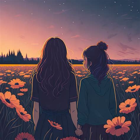 Una Caricatura De Dos Chicas De Pie En Un Campo De Flores Foto Premium