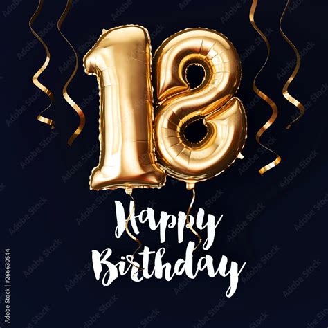 Happy 18th Birthday Gold Foil Balloon Background With Ribbons 3d