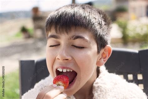 Niño Comiendo Fresas Stock Photo Adobe Stock