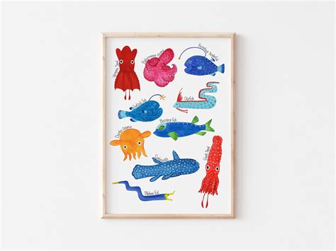 Types of Deep Sea Creatures Deep Sea Fish Poster Fish Art Print Ocean ...